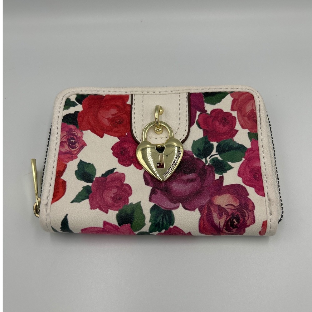 Juicy Couture Floral Rose Bifold Wallet Cream Red Pink‎ Gold Heart Lock Charm